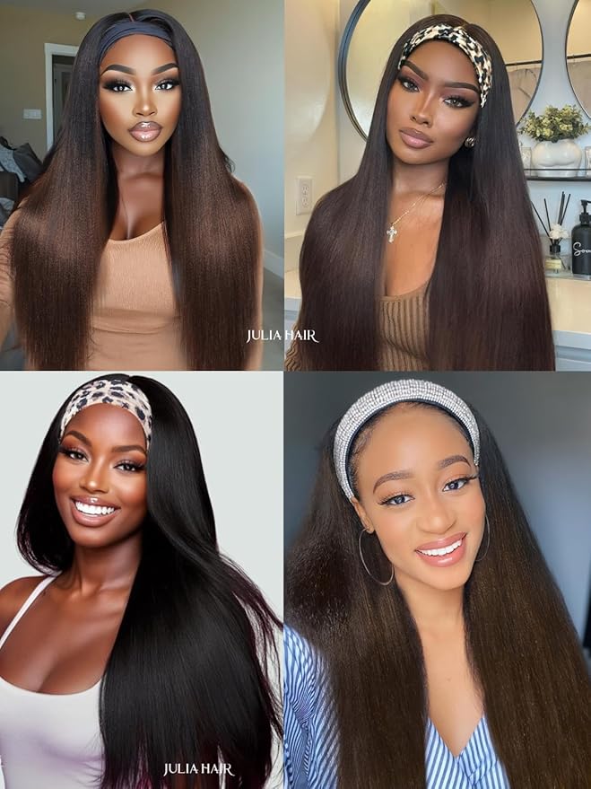 Julia Hair 12A Headband Wig Human Hair Yaki Straight Glueless None Lace Half Wig With Pre-attached Scarf Ombre Chestnut Brown Highlight With Dark Roots for Black Women Put on and Go 26 Inch