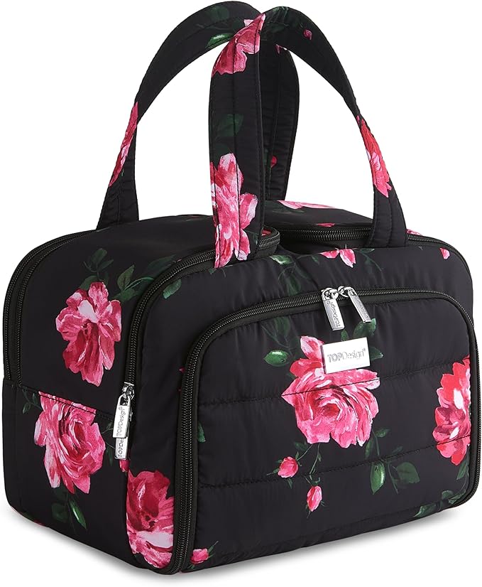 TOPDesign Travel Toiletry Bag for Women, Puffer Large Toiletry Bag, Lightweight Cosmetic Makeup Organizer with Handle for Traveling, Accessories, Essentials, Toiletries (Peony)