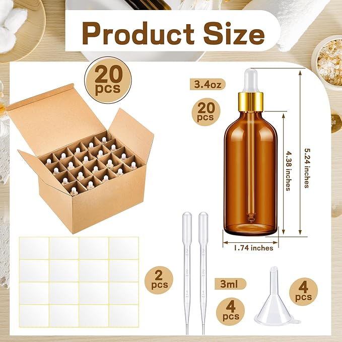 Tessco for you 20 Pack 3.4 oz Glass Dropper Bottles with Glass Eye Droppers for Essential Oils, Empty Oil Bottles with Funnel, Labels and Pipette for Hair Oils Perfume Cosmetic Travel(Dark Brown)