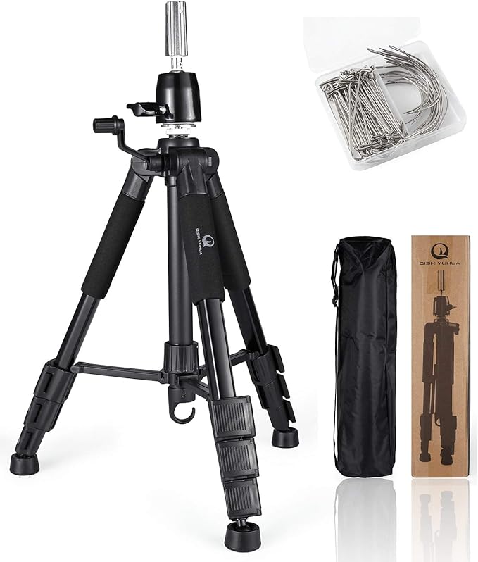 Wig Stand Tripod with Non-Slip Base Adjustable Mannequin Head Stand with Hook Heavy Duty Manikin Head Tripod