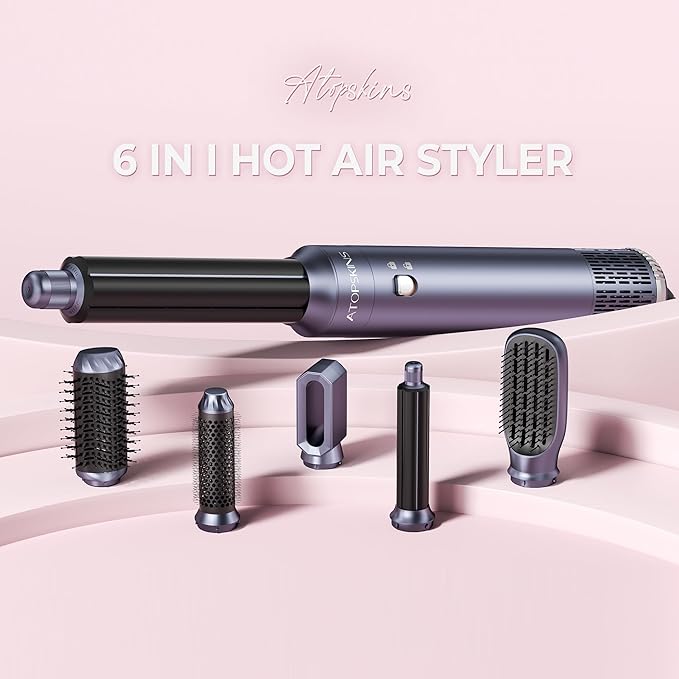 6 in 1 Hair Dryer Brush, Detachable Air Styler, 3 Heat Settings Blow Dryer Brush Frizz-Free Volumizing, Straightening, Curling ALCI Safety Plug for Travel & Home Styling (Blue-Pink)