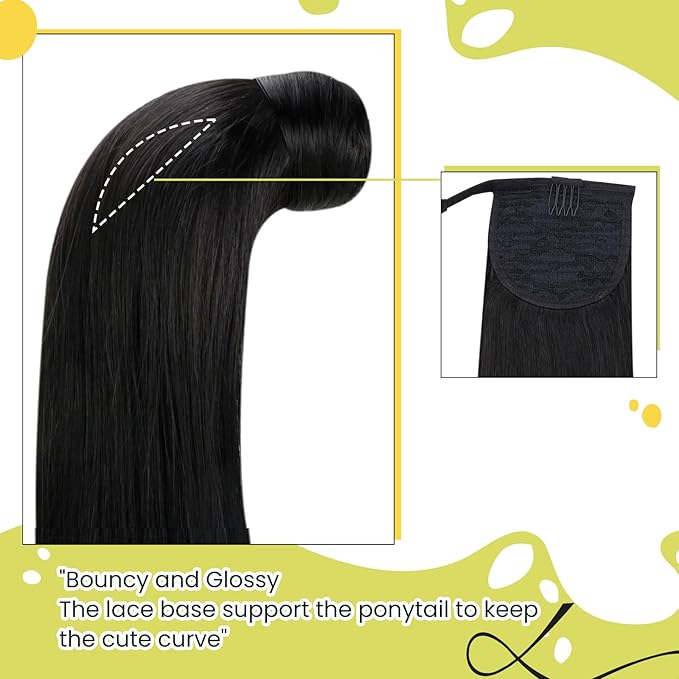 RUNATURE Human Hair Ponytail Black, Ponytail Extension Real Human Hair, Remy Ponytail Extension With Magic Paste, Soft Straight Hair Tangle Free, 16 Inch 80g #1B Off Black