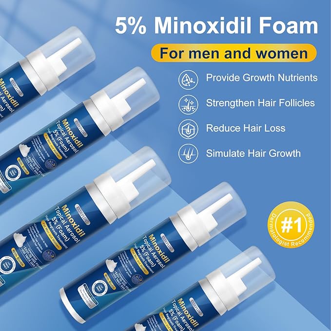 5% minoxidil foam for men-5pack， Infused with Biotin, Hair Growth Treatment, Supports Thicker and Fuller Hair & Beard (10.5oz, 5 Month Supply)