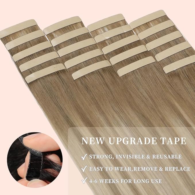 Balayage Medium Brown Mixed Dark Blonde Tape in Hair Extensions Human Hair 16 Inch 20pcs Remy Human Hair Extensions Tape in Straight Seamless Skin(10/10/22#, 20 Inch)