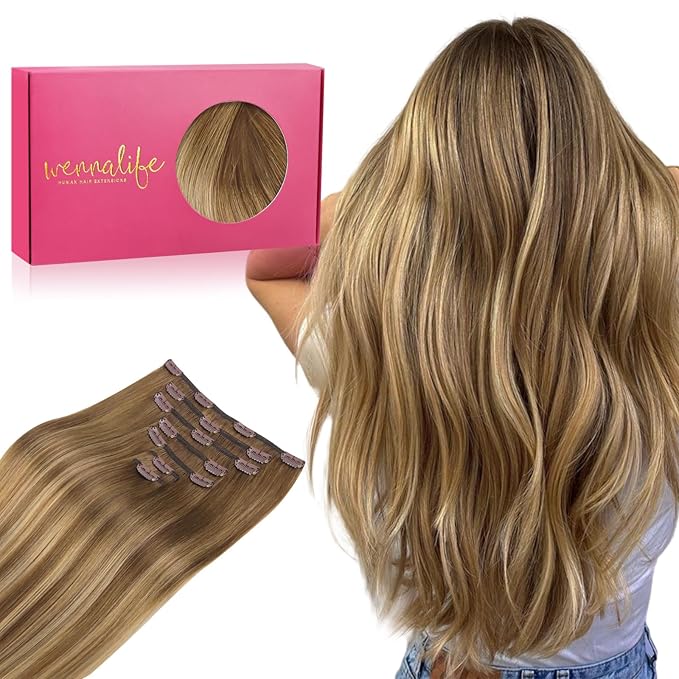 WENNALIFE Clip in Hair Extensions Real Human Hair, 16 Inch 120g 7pcs Human Hair Extensions Clip In Human Hair, Balayage Chestnut Brown Mixed Dirty Blonde Hair Extensions Clip In Real Hair Remy Human