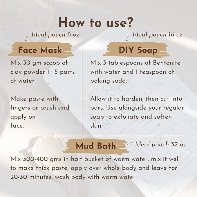 Bentonite Clay Powder For Face, Body & Hair, Deep Pore Cleansing & Detox, Indian Healing Calcium & Sodium Clay, For Masks & Bath 32 oz (920g)