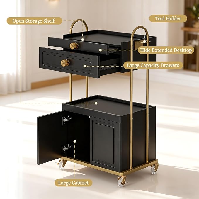 Salon Trolley Cart with Lockable Wheels, Salon Station Cabinet with Drawer & Cabinet for Hair Stylist Makeup Tool Organizer for Beauty Spa Barbershop (Black&Gold)
