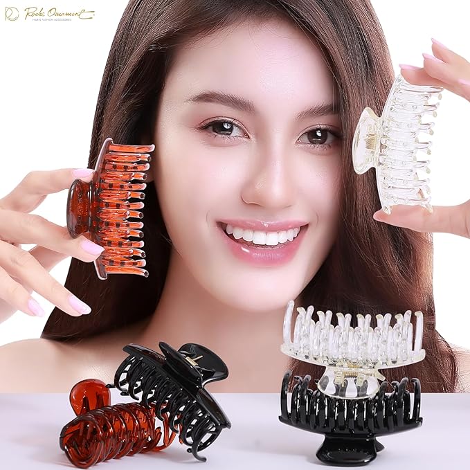 RC ROCHE 6 Pcs Double Claw Hair Clip Tooth Claw Clip Grip Tooth Jaw Clamps Thin Fine Hair Strong Hold No Slip Undo Clutchers for Women, Small Clear Brown and Black