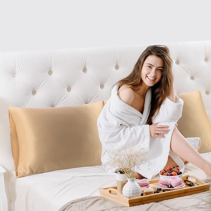 uxcell 2 Pack Silk Satin Pillowcase for Hair and Skin, Cool, Silky, Soft Breathable Pillow Cases Standard Size 20x26 Inch Sateen Pillowcase Caramel with Envelope Closure