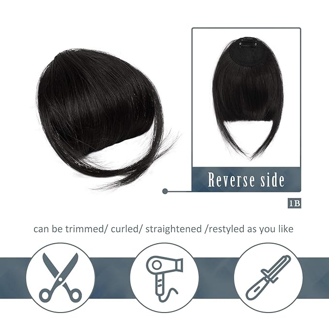 BARSDAR Real Human Hair Clip in Bangs - Natural Black Clip in Human Hair Bangs for Women - Natural Black Thick Bangs Extensions Fringe with Temples Real Hair Bangs Hairpieces