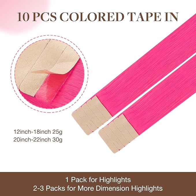 GOO GOO Tape in Hair Extensions Human Hair, Pink, 20inch 30g 10pcs, Colored Tape ins Human Hair Extensions, Silky&Soft Invisible Tape Ins, Hair Highlighted for Party