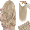 YoungSee Wire Hair Extensions Blonde Wire Hair Extensions Real Human Hair Ash Blond with Bleach Blonde Highlights Fish Line Hair Extension Real Human Hair for Women 14inch 80Gram