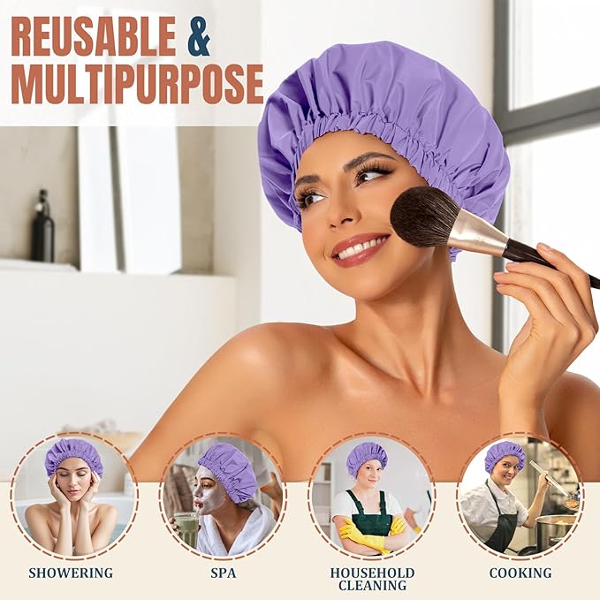 Reusable Shower Cap for Women, Stylish Large Waterproof Shower Bonnet Washable Wide Elastic Band Hair Cap for Long Hair, Braids Bath Hat(Purple)