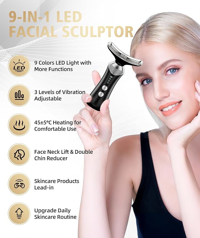 9-in-1 Red-Light-Therapy-for-Face-and-Neck, Portable Facial Massager Tool with Adjustable Vibration & Thermals for Wrinkles, Double Chin, Black