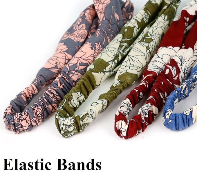 Huachi Boho Headbands for Women Twist Head Band Soft Elastic Hair Bands for Teen Girls Head Wrap Fashion Accessories, Floral Print Plus Solid Colors