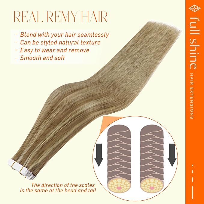 Full Shine Invisible Tape in Hair Extensions Human Hair 20 Inch Color 10 Fading to 16 Golden Blonde Highlight 16 Double Sided Tape in Hair Extensions 50 Grams Skin Weft Hair Extensions Tape in 20 Pcs