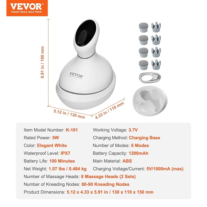 VEVOR Electric Cordless Hair Scalp Massager with Kneading 484 Massage Nodes, Handheld Portable Head Scratcher Massager for Deep Clean and Stress Relax, Gifts for Men Dad