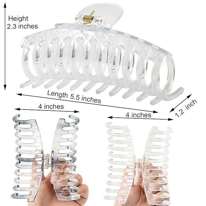 5.5 Inches Extra Large Hair Clips for Long Thick Hair Women’s Jumbo Hair Claw Clips 2 Counts in Set Hair Accessories(clear and grey)