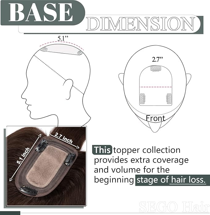 SEGO Hair Toppers for Women Real Human Hair with Thinning, with Front Bangs Clip in Toppers Straight 150% Density Silk Base -16 Inch #2 Dark Brown
