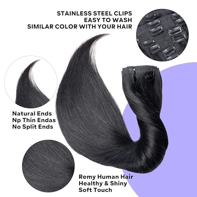 Seamless Clip in Hair Extensions Real Human Hair Straight Remy Human Hair Clip in Extensions for Women, Natural Soft Silk Straight Human Hair PU Thin Weft 8Pcs 120g #1B Natural Black