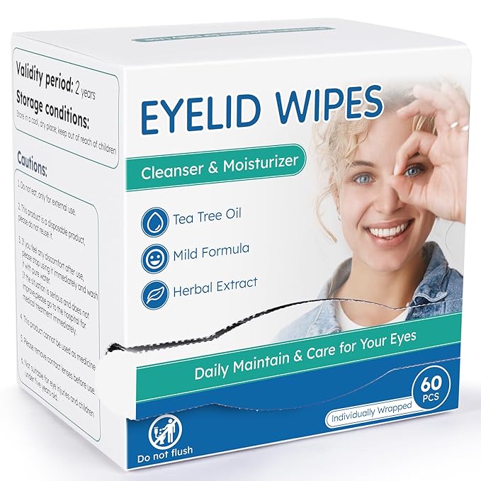 60-Count Eyelid Cleansing Wipes for Dry Eye & Blepharitis, tea tree oil Pre-Moistened Hypoallergenic EyeWipes for Sensitive Itchy Eyes, Individually Wrapped Eyelid Wipes Travel Essentials