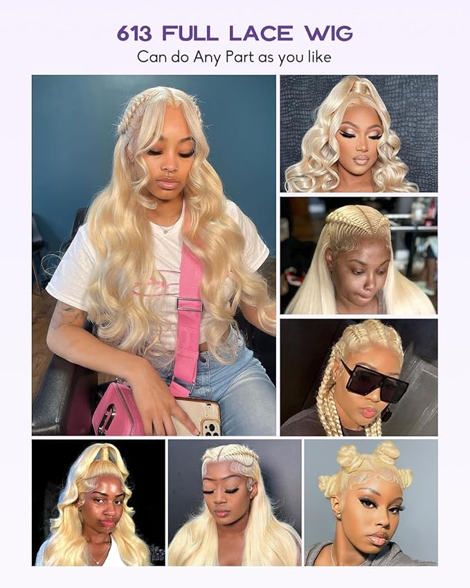 Real Full Lace Human Hair Wigs 613 Lace Front Wig Human Hair 180 Density Body Wave HD Full Lace Blonde Wig Plucked Bleached Knots Breathable Full Scalp Wig for Women 26Inch