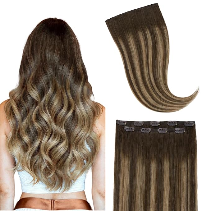 GOO GOO Clip in Hair Extensions Real Human Hair, Remy Human Hair Extensions Clip ins for Women, Natural Human Hair, 20inch 80g 2Pcs, #4/27/4 Balayage Chocolate Brown to Caramel Blonde