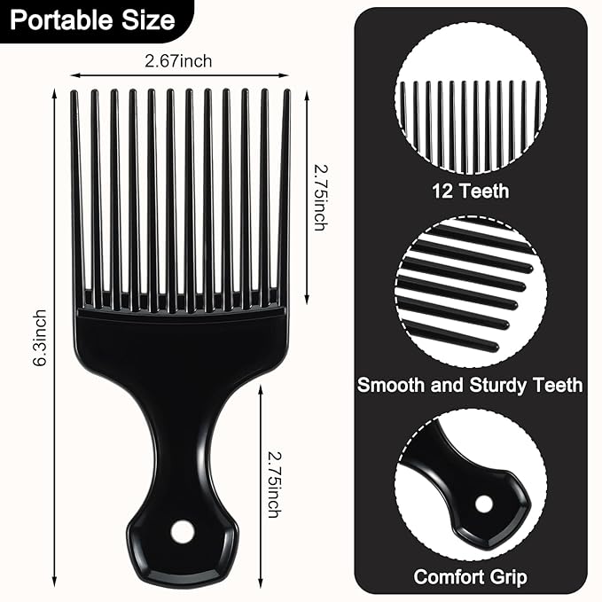 2 Pcs Hair Pick Comb Wide Tooth Lift for Hair Styling Detangling Plastic Afro Comb for Women Men (Black, Red)