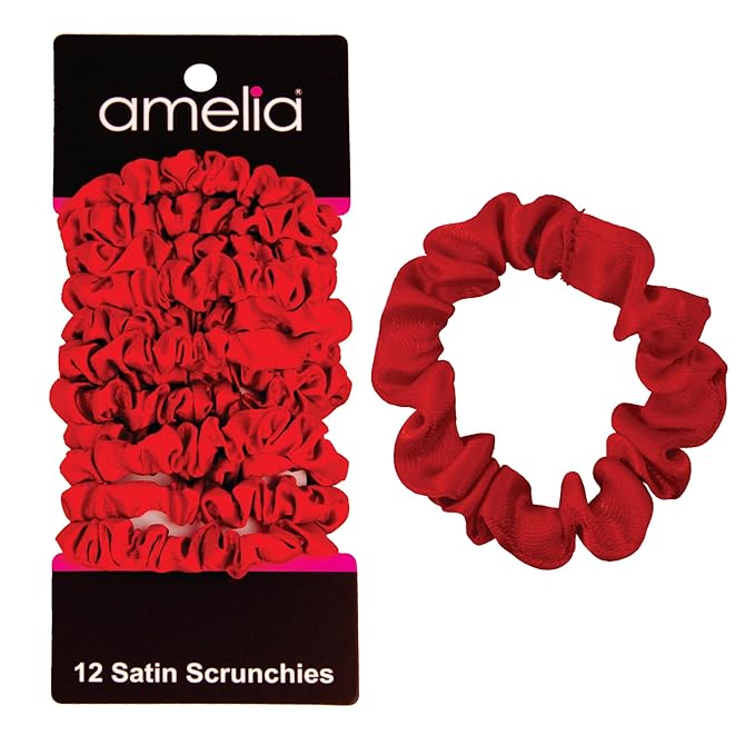Amelia Beauty, Red Satin Small Scrunchies, 12-Pack – No Damage Hair Ties for Women, Gentle & Durable Hair Accessories, 2.5in x 0.5in
