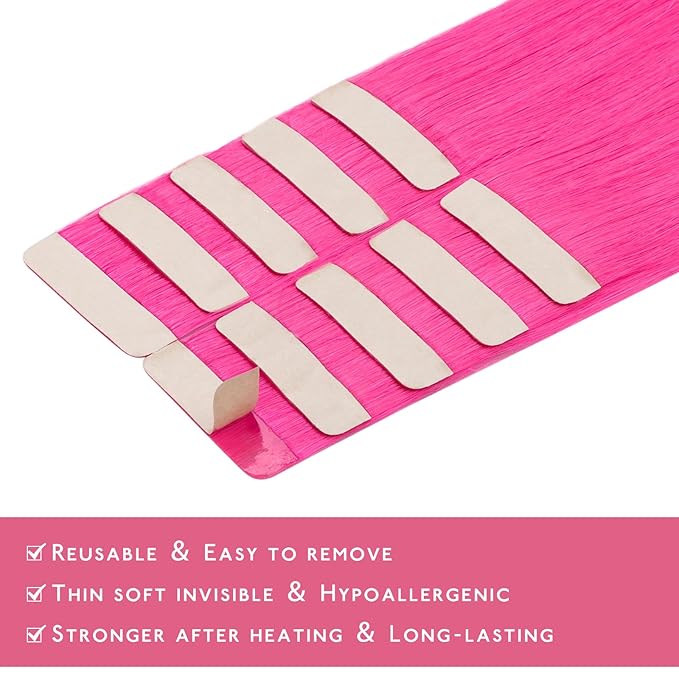 WENNALIFE Tape in Hair Extensions Human Hair Hot Pink Tape in Extensions, 10pcs 30g 26 inch Remy Invisible Tape Ins Straight Colored Soft Real Human Hair Tape in Extensions Refill Set Extensions