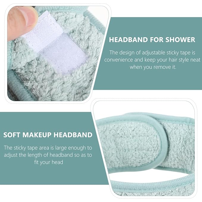 STOBAZA 2Pcs Coral Fleece Face Wash Headbands for Women Adjustable Sticky Tape Hair Bands Soft Shower Spa Hair Wraps for Facial Cleansing and Makeup Removal Light Green