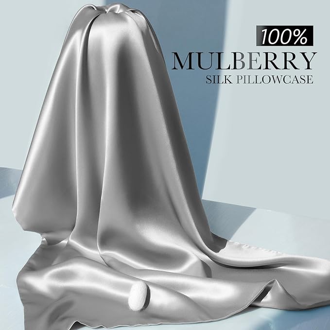 100% Mulberry Silk Pillowcase for Hair and Skin, 22 Momme Pure Natural Silk Pillow Case Both Sided with Zipper, Pillow Cover for Women Mom Men (Silver Grey, King 20''×40'', 1 Pack)
