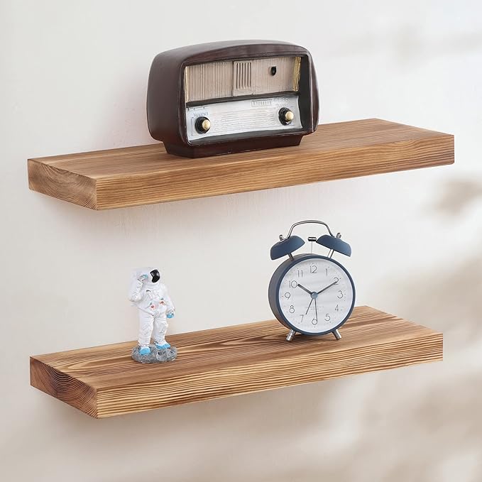 Fun Memories European Pine Floating Shelves for Wall, Mounted Shelf for Decor Storage Set of 2 - Natural Rustic Wooden Wall Shelf for Kitchen Bathroom Living Room Bedroom Farmhouse - Carbonized