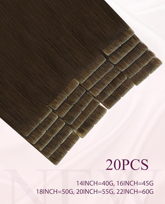 Pinkpearl Invisible Tape in Hair Extensions Human Hair, 20pcs 20inch 55g #4 Chocolate Brown Injection Tape in Extensions Real Remy Straight Seamless Silky Human Hair Injected