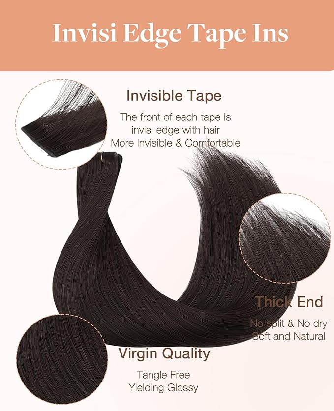 GOO GOO Invisi Edge Tape in Hair Extensions Human Hair, 2 Dark Brown, 10pcs 14inch 25g, Virgin Remy Hair, Seamless Injected Tape, Natural Look