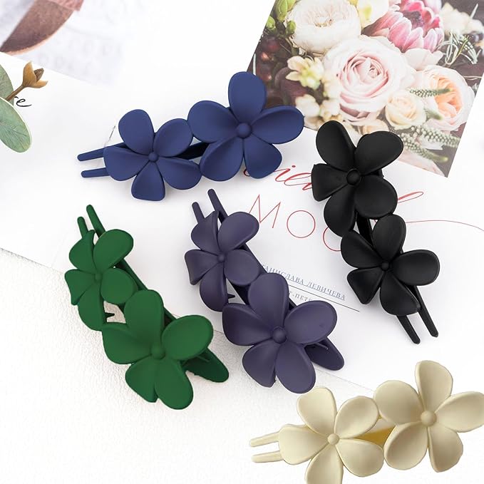5Pcs Flower Flat Hair Clips for Women Matte Flat Hair Claw French Alligator Clips Non-Slip Cute Duck Billed Flat Claw Clips for Thick Hair for Girls, white,green,black,purple,blue