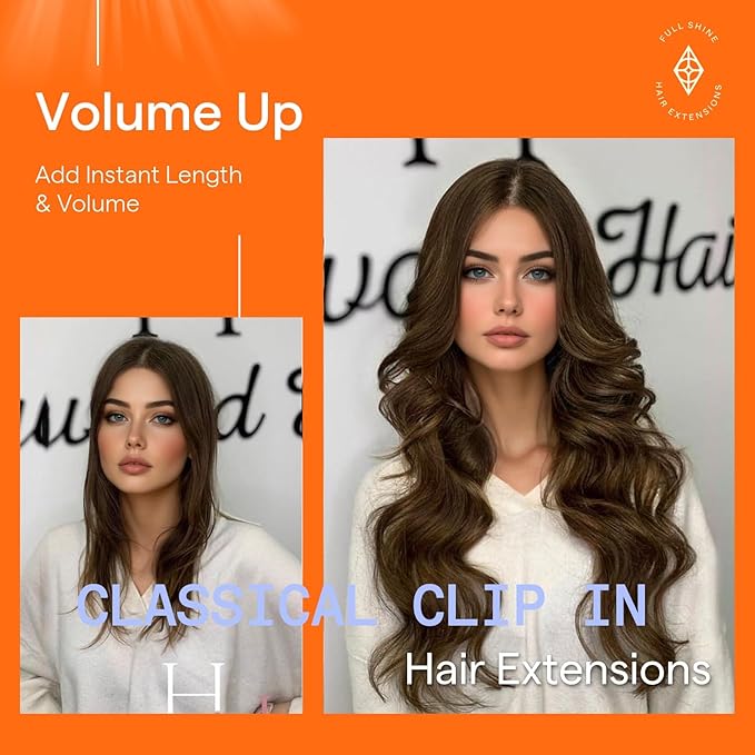Full Shine Clip in Hair Extensions Brown Human Hair Extensions Clip ins Medium Brown Straight Brazilian Hair Extension for Thin Hair 20 Inch 7 Pcs 120 G