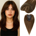 Hair Toppers for Women Real Human Hair Topper Upgrade Swiss Lace Middle Part Clip in Bangs Remy Human Hair Straight Hairpieces for Thinning Realistic Scalp 360° Cover Gray Hairy Roots Honey Brown