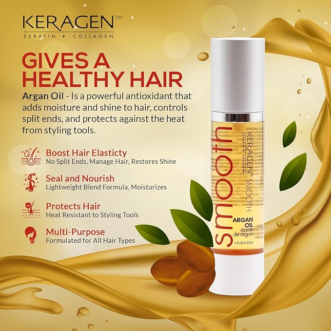 KERAGEN - Nourishing Hair Serum for Dry Damaged Hair - Argan Oil for Hair Treatment - Brilliant Shine, Heat Protection with Paraben, Phthalate and Sulfate Free Formula (1.7 Oz)