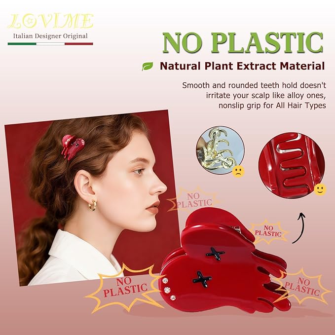 Italian Designed Original Mini Hair Claw Clips for Women - Red Bloody Heart, Handmade Cute Gothic Spooky Hair Accessories, Nonslip, Plant-Based Acetate, Gift Boxed