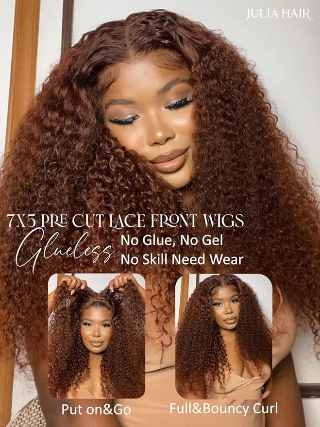 Julia Hair Reddish Brown Glueless Jerry Curly Human Hair Invisi-Drawstring Wig Auburn Pre Cut 7x5 Lace Front Wigs Pre Plucked Bleached Pre Cut Lace Closure Natural Hairline Put On and Go 24 Inch