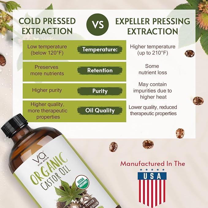 VITAL AFFAIR Pure Castor Oil Organic Cold Pressed Unrefined Glass Bottle-USDA Certified for Castor Oil Pack Wrap for Face,Hair Growth,Eyelashes,Eyebrows-16oz