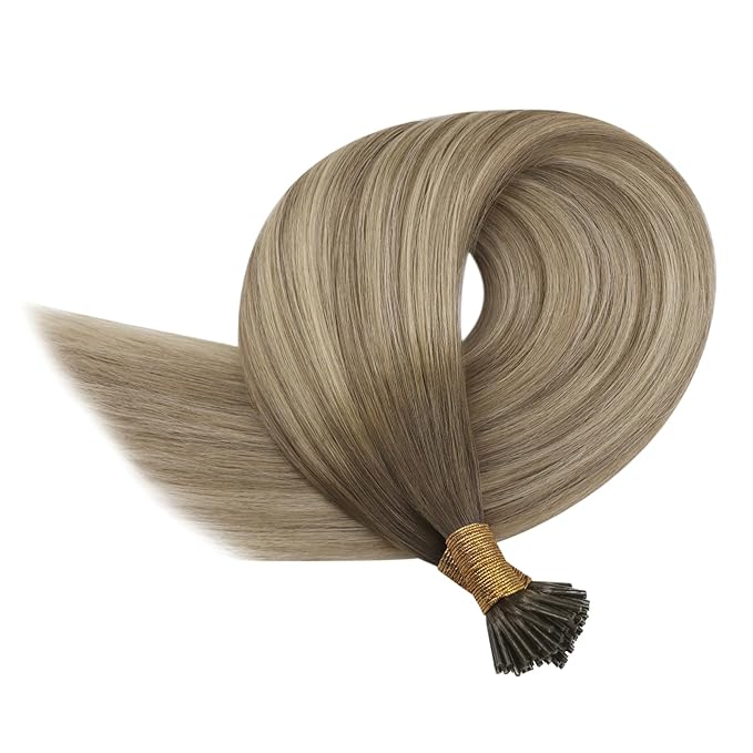 YoungSee I Tip Hair Extensions Human Hair Ombre 24 Inch I Tip Hair Extensions Balayage Light Brown to Brown with Blonde Itip Hair Extension for Office Women 50g 50s Pre Bonded Hair Extension