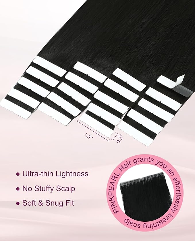 Pinkpearl Invisible Tape in Hair Extensions Human Hair, 20pcs 22inch 60g #1B Natural Black Injection Tape in Extensions Real Remy Straight Seamless Silky Human Hair Injected