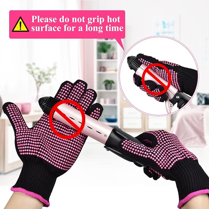 Sopito 2Pcs Heat Resistant Gloves with Silicone Bumps, Professional Heat Protection Gloves for Hair Styling, Mitts for Curling Iron Wand Flat Iron Sublimation, Rose Red