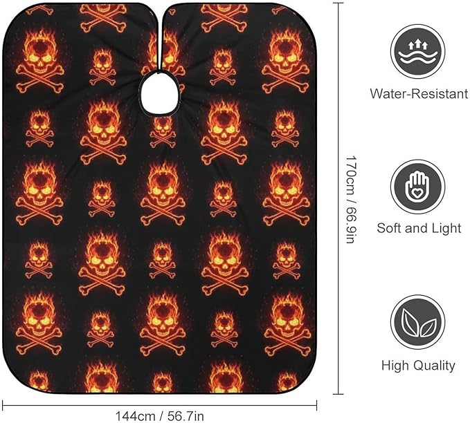 Men Fire Flaming Skulls Crossbones Salon Gown Cape, Full Coverage Haircut Hairdressing Cloth Apron for Hairstylists, Barber Aceessories
