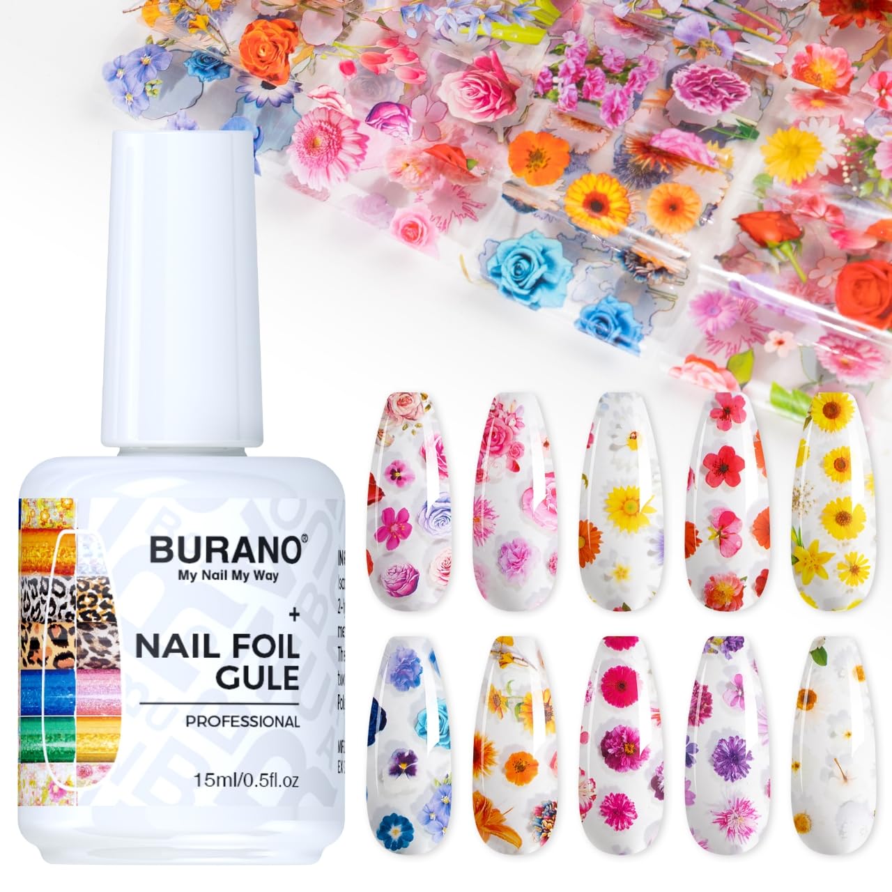 BURANO Nail Art Nail Foil Glue Gel, o.5 oz with 10PCS Foil Stickers Set Nail Foil Glue for Nails Foil Transfer Gel, Nail Design DIY UV LED Lamp Required(Flower Foil 09)