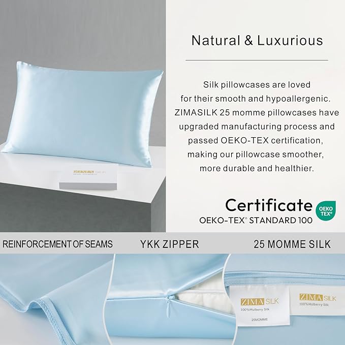 ZIMASILK 25 Momme 100% Pure Mulberry Silk Pillowcase for Hair and Skin Care, Highest Grade 6A Pillow Cases for Women, Long-Lasting Durablity, Gift for Women Men, 1Pc (Standard 20"x26", Light Blue)