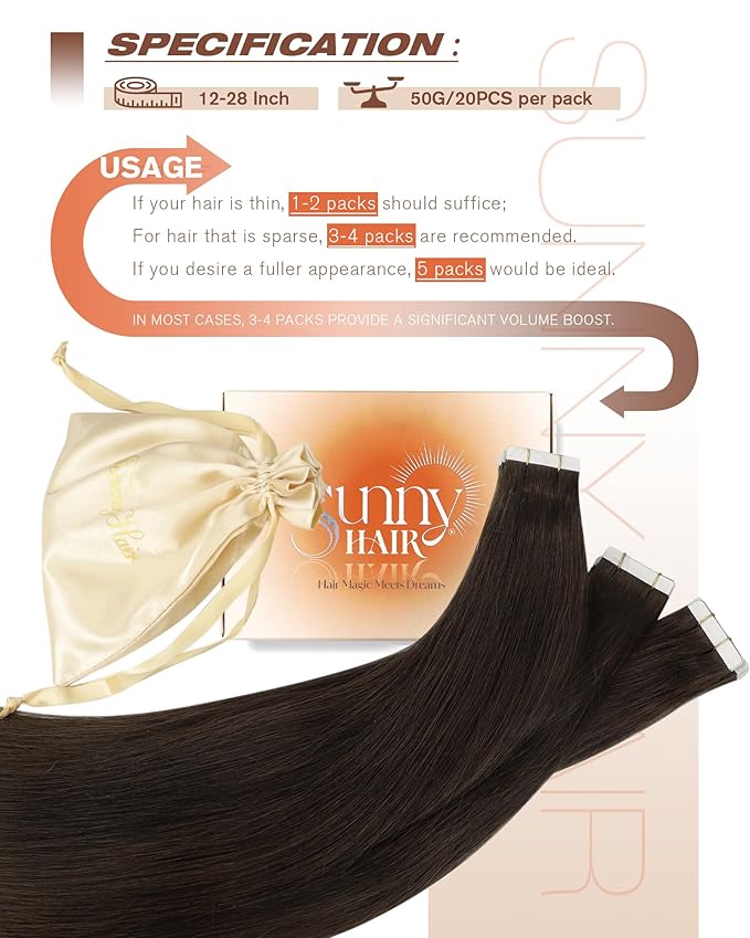 Sunny Hair Tape in Hair Extensions,Dark Brown Tape in Hair Extensions Human Hair Invisible Remy Human Hair Tape in Extensions 16 inch 20Pcs