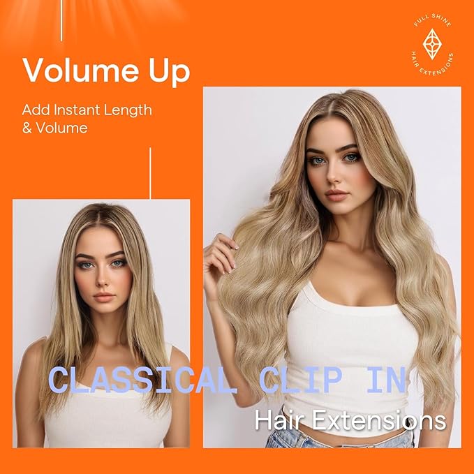 Full Shine Clip in Hair Extensions Real Human Hair Balayage Blonde Human Hair Extensions Clip ins Golden Brown to Golden Blonde Real Hair Clip in Extensions Silky Straight 7 Pcs 16 Inch 120 G